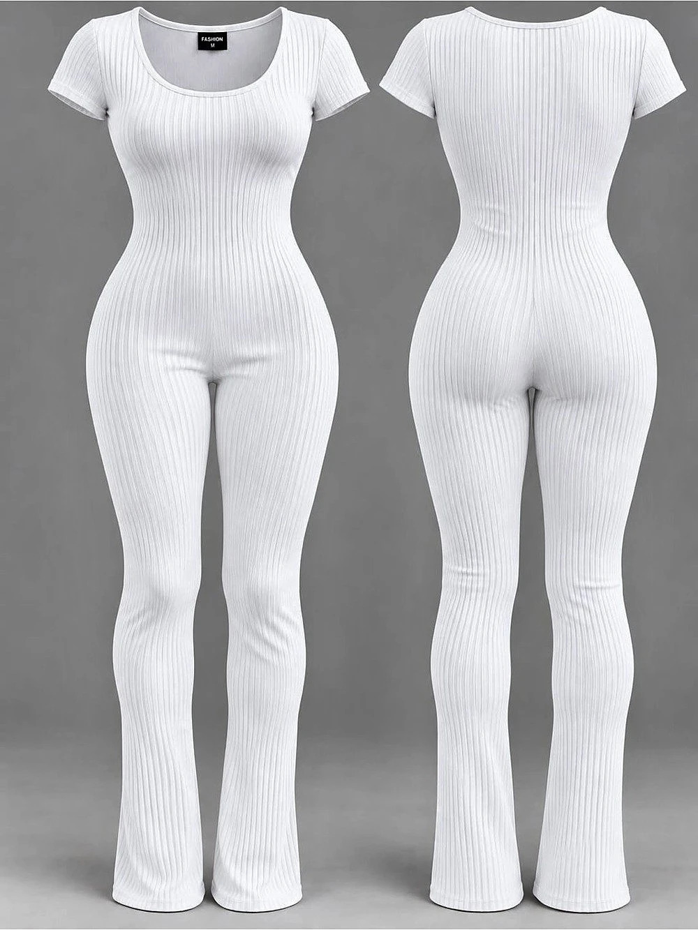 Fashion Nova White Ribbed Flare-Leg Jumpsuit